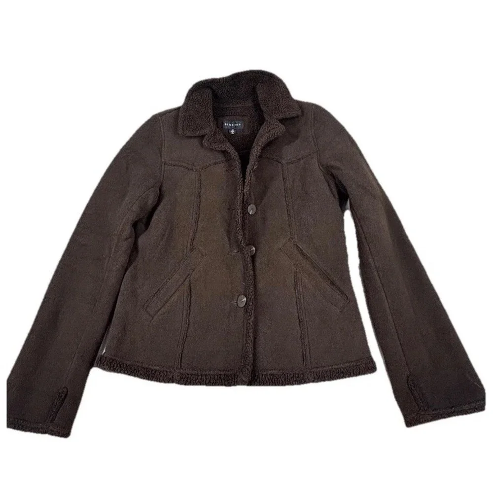 Braetan Brown‎ Sherpa Lined Faux Suede Jacket Women's M Button Front Cozy Warm